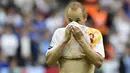 Gelandang Timnas Spanyol, Andres Iniesta yang telah pensiun dari timnas pada 1 Juli 2018 tercatat memiliki total 131 caps bersama La Furia Roja dengan torehan 14 gol. Namun tak satupun gol dicetaknya dalam 3 edisi Euro yang diikutinya pada 2008, 2012 dan 2016. Dari total 16 laga, ia hanya menorehkan 5 assist. (AFP/Pierre-Philippe Marcou)