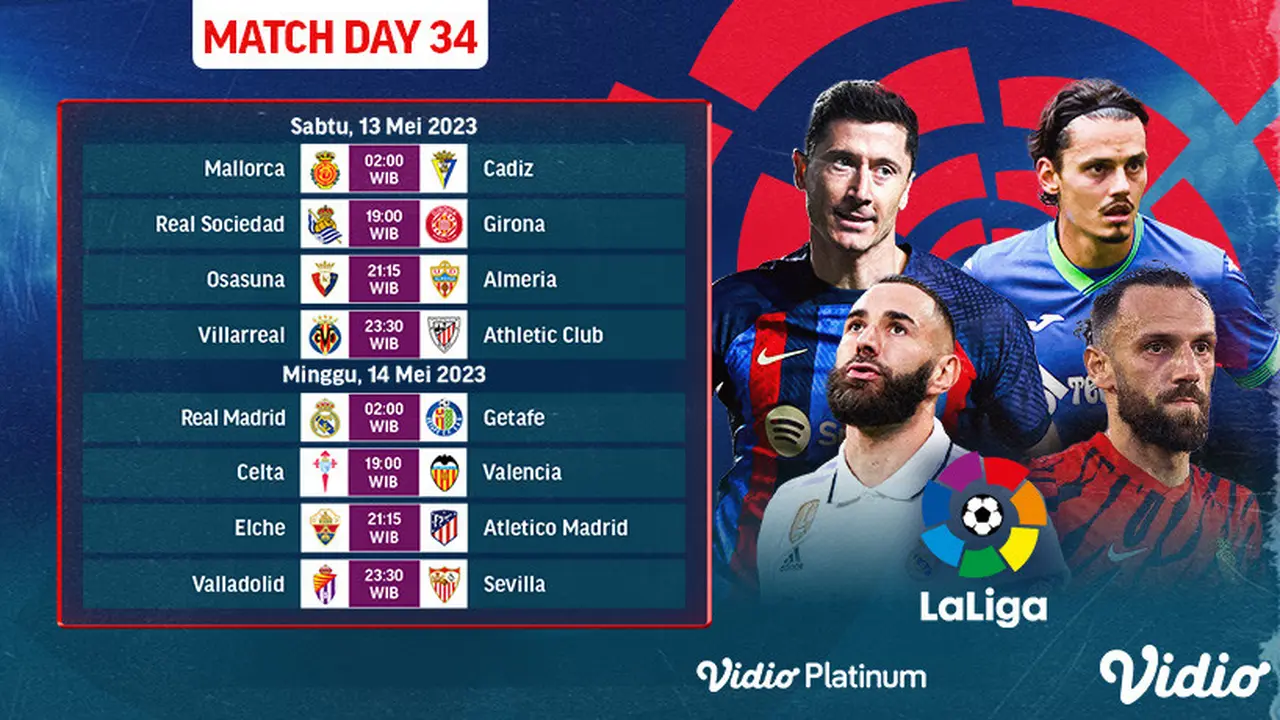 Jadwal La Liga Jornada ke-34 Live Vidio 13-16 Mei : Mallorca Vs Cadiz, Real Madrid Vs Getafe