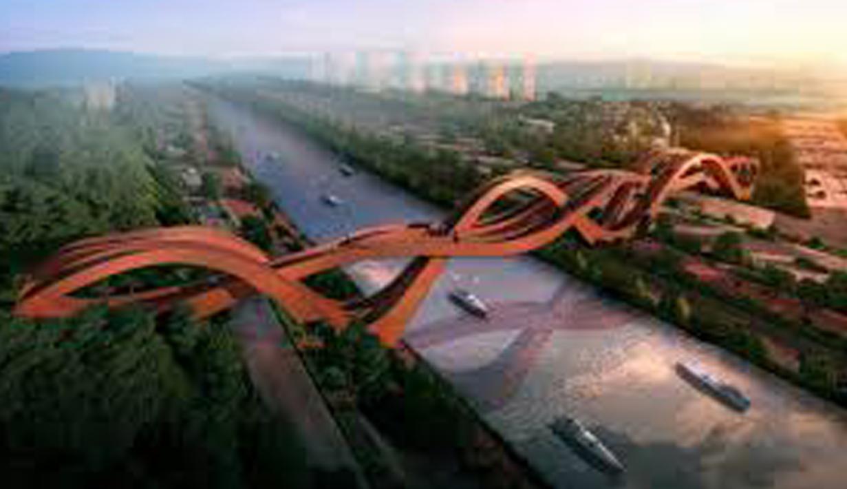 Jembatan Dragon King Kong ini memiliki panjang 185 meter dan tinggi 22 meter. Jembatan yang terletak di Changsha Meixi Lake District, China ini menyajikan pemandangan yang menakjubkan dari Dragon King Harbor River dan Neixi Lake. (Ilustrasi Istimewa)