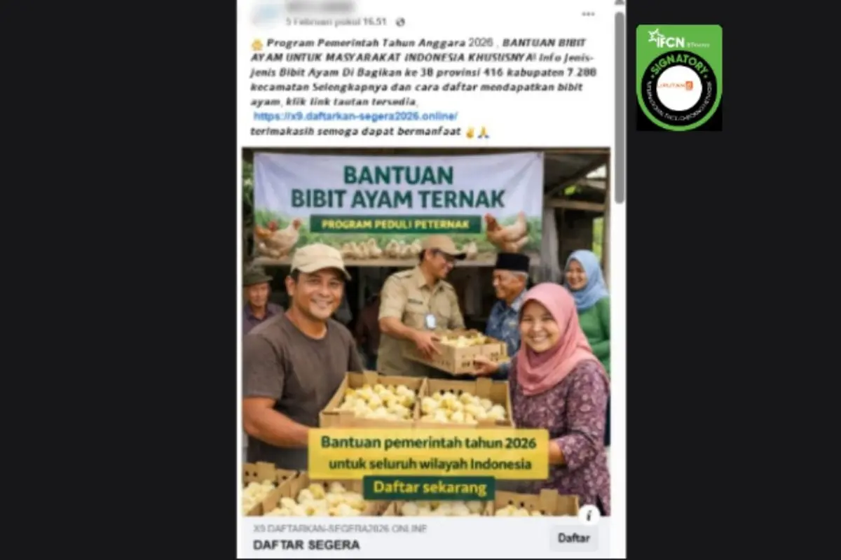 Cek Fakta Liputan6.com mendapati klaim link pendaftaran untuk mendapatkan bantuan bibit ayam.