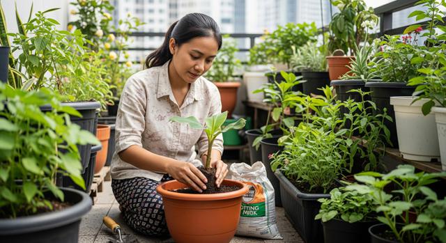 Wanita sedang menanam pisang di pot karena tidak punya lahan luas. [Foto: Gemini]