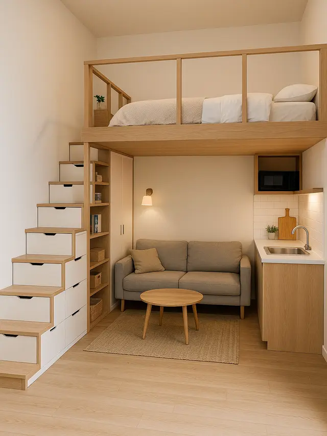 Model Interior Ruang Kecil Apartemen dengan Kamar Mezanine (Image by ChatGPT)