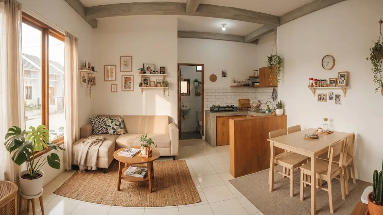 Rumah kecil dengan ruang tamu dan ruang makan menyatu sehingga terlihat elegan untuk hunian KPR dan subsidi