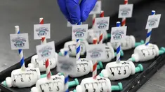 Kue dalam bentuk jarum suntik vaksinasi dengan catatan 'Selamat Tinggal Covid-19, Anda tidak akan dirindukan' didekorasi di toko roti Schuerener Backparadies di Dortmund, Jerman barat, 6 Januari 2021. Jerman memperpanjang aturan lockdown COVID-19 COVID-19 hingga 31 Januari. (Ina FASSBENDER/AFP)