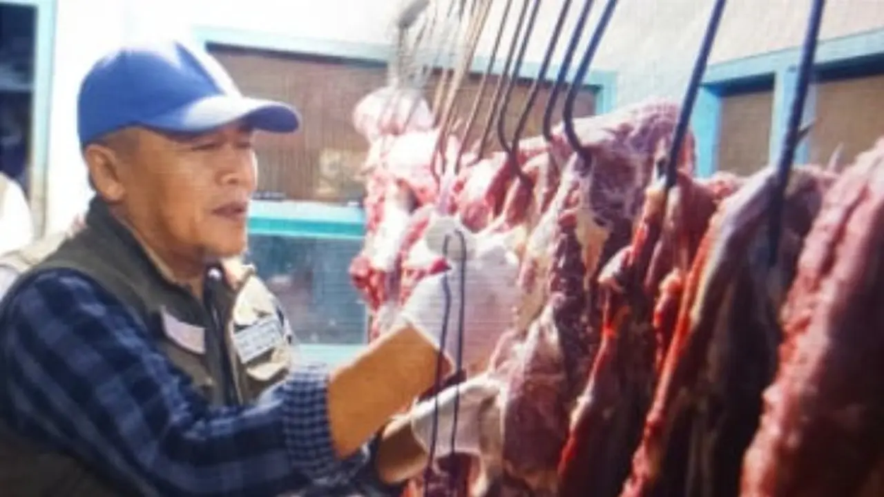 Kepala Dinas Pertanian dan Pangan Banyuwangi Arief Setiawan memeriksa daging sapi di Pasar Induk Banyuwangi (Istimewa)