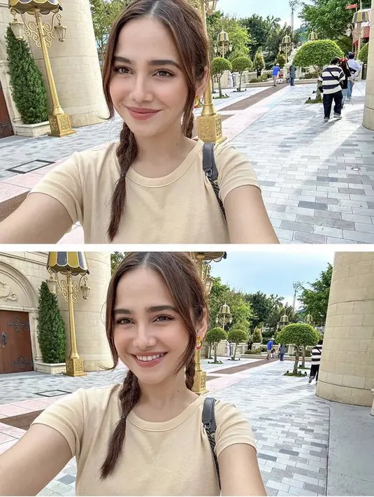 Mengepang rambutnya, saat liburan Syifa tampil dengan blush on tipis dan lipstik mattenya.   (@syifahadju)