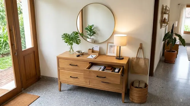 Ide meja konsol di rumah yang bikin ruangan tampak rapi dan modern model laci penyimpanan
