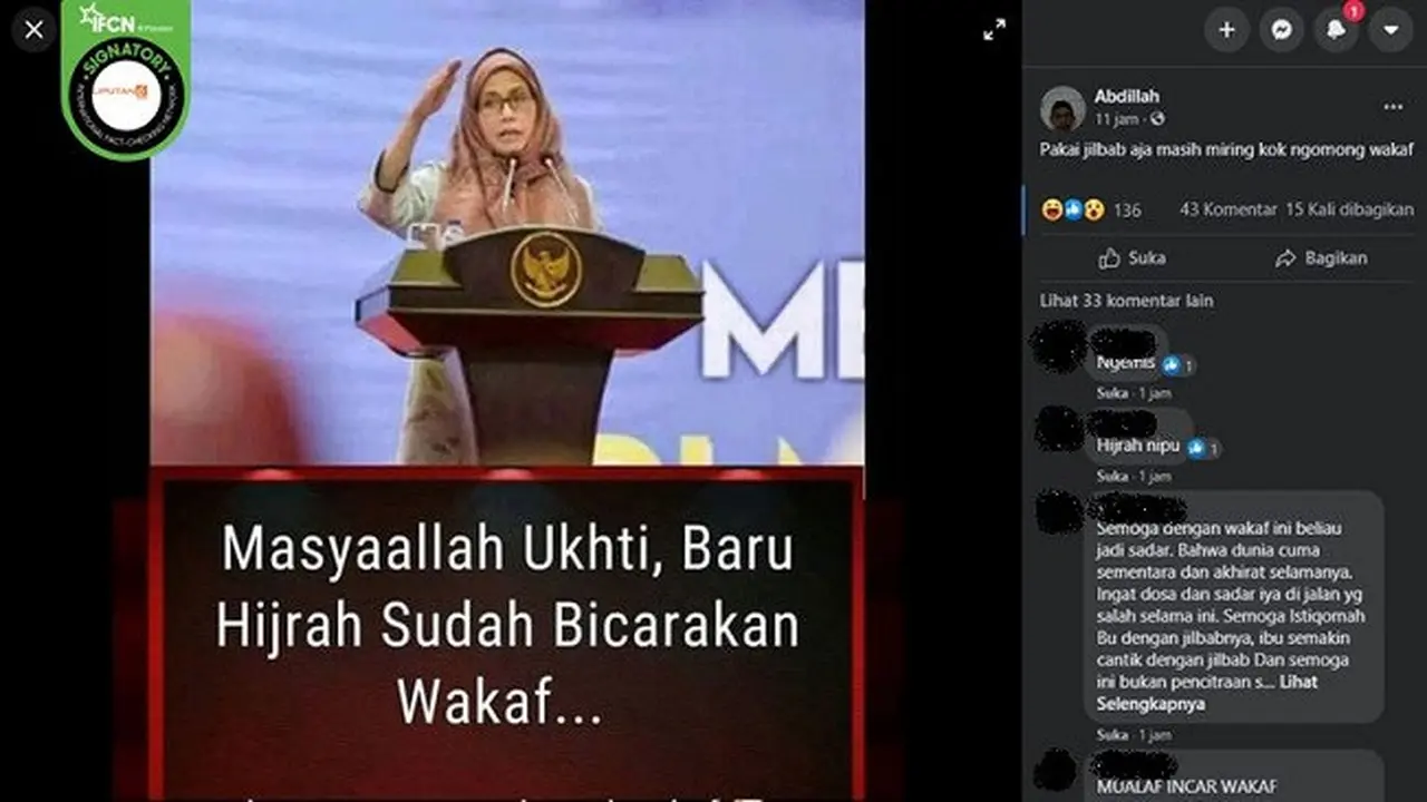 Gambar Tangkapan Layar Foto Sri Mulyani Mengenakan Jilbab (sumber: Facebook)