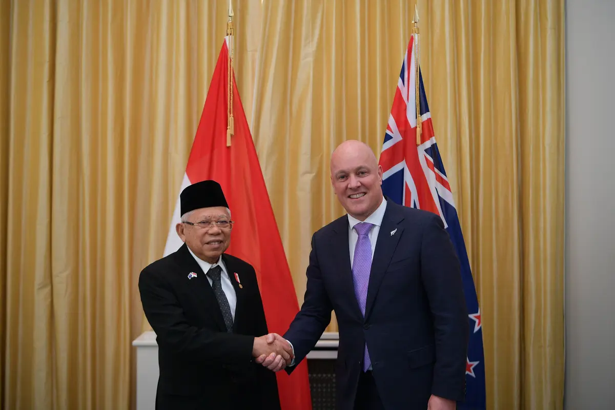 Wakil Presiden (Wapres) Ma’ruf Amin saat bertemu Perdana Menteri (PM) Selandia Baru Christopher Luxon, di Speaker's Lounge New Zealand Parliament Buildings, Selasa (27/02/2024).