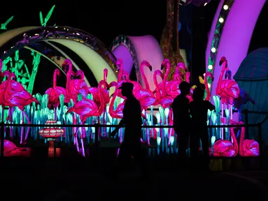 Pengunjung melihat pertunjukan cahaya yang berjudul "Halo Park" di Chaoyang Park, Beijing (7/5). Pameran ini merupakan karya dari tim seni dan multimedia kreatif internasional. (AFP/Fred Dufour)