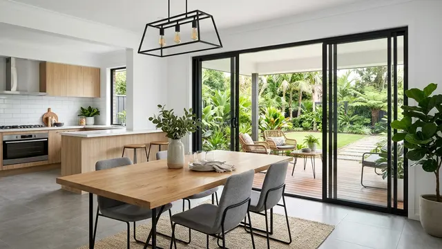 Desain Ruang Makan dengan Pintu Geser yang Menghadap Halaman (AI Generated)