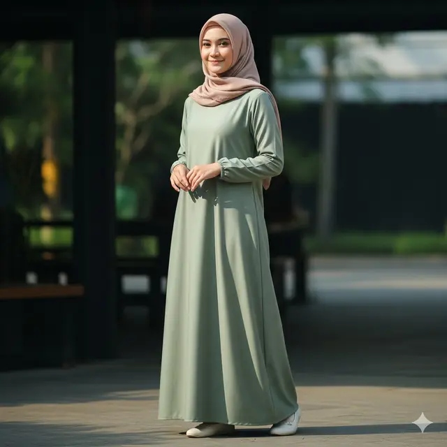 Dress Hijau Sage dengan Hijab Nude