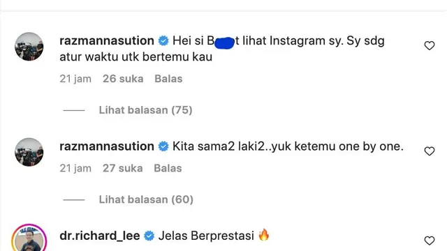Komentar Razman Arif Nasution di unggahan Hotman Paris. (Foto: Dok. Instagram @hotmanparisofficial)