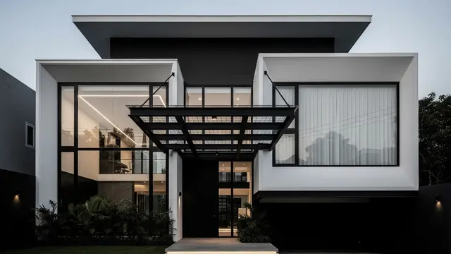 Rumah Minimalis Monokrom dengan Kanopi Bergaya Industrial