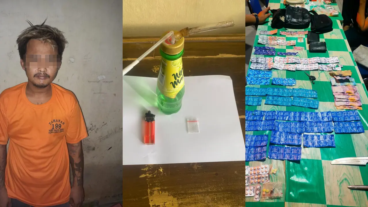 Tersangka dan barang bukti ratusan pil koplo diamankan Mapolsek Tanjung Senang, Bandar Lampung.  Foto : (Istimewa).