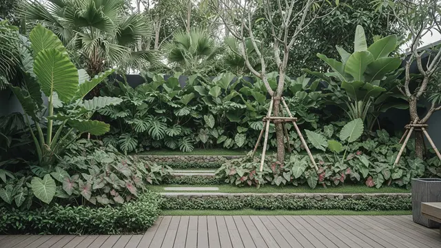 Kebun Rumah dengan Tanaman dan Kayu yang Bikin Suasana Sejuk