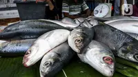 Ikan bandeng dijajakan saat dijual di kawasan Rawa Belong, Jakarta Barat, Rabu (10/2/2021). Para pedagang ikan bandeng berdagang di pinggir jalan dan menjajakan kapada setiap pengendara yang melintas. (Liputan6.com/Johan Tallo)