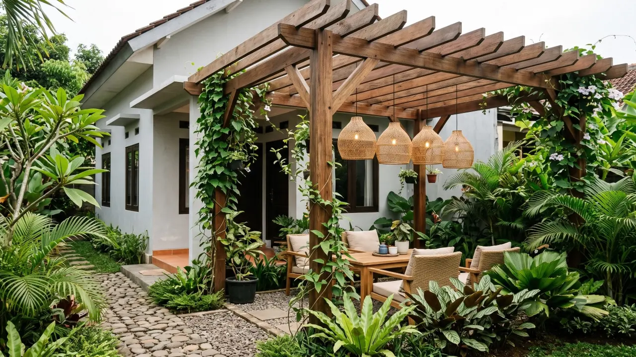 Inspirasi Pergola dengan Lampu Gantung