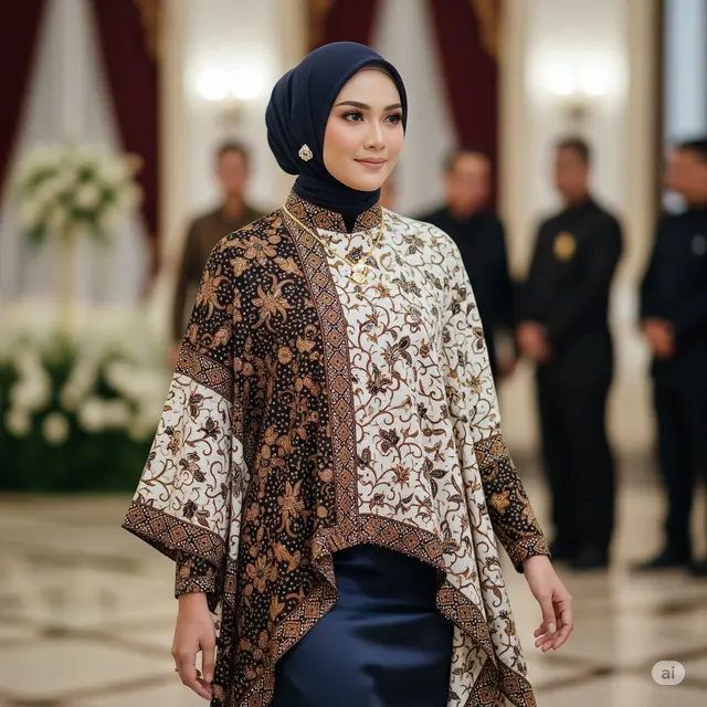 Kebaya Batik Asimetris + Rok Satin Navy