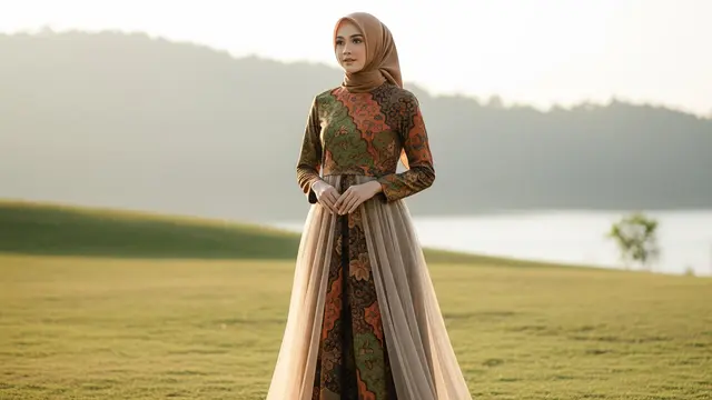 Gamis Batik Kombinasi Tile Polos