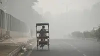 Penarik becak menembus kabut asap pekat yang menyelimuti jalan di New Delhi, Minggu (3/10/2019). Ibu Kota dari India tersebut sedang dilanda polusi udara yang sangat buruk sekaligus beracun pekan ini. (Photo by Sajjad  HUSSAIN / AFP)