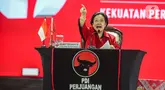 Ketua Umum Partai Demokrasi Indonesia Perjuangan (PDIP) Megawati Soekarnoputri menyampaikan pidato pada penutupan Rakernas V PDIP di Beach City International Stadium, Ancol, Jakarta, Minggu (26/5/2024). (Liputan6.com/Angga Yuniar)