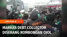 Ratusan pengemudi ojek online menyerang markas debt collector di daerah Bandung, Jawa Barat. Mereka mencari orang yang diduga menganiaya pengemudi ojol, serta merampas sepeda motornya.