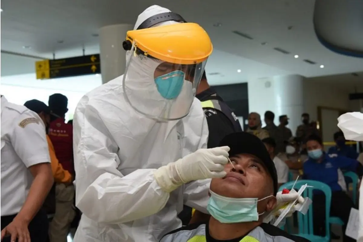 Salah satu petugas bandara di Gorontalo dilakukan tes PCR (Arfandi/Liputan6.com)