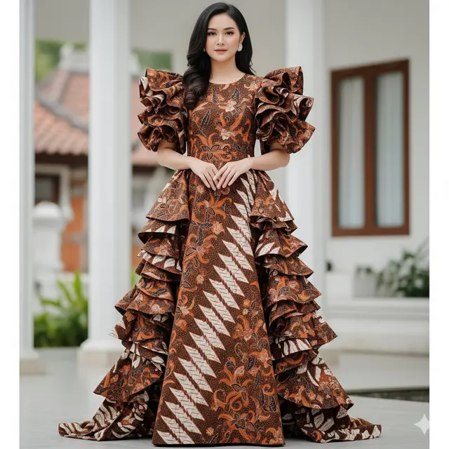 Dress Maxi Batik dengan Ruffle Dramatis