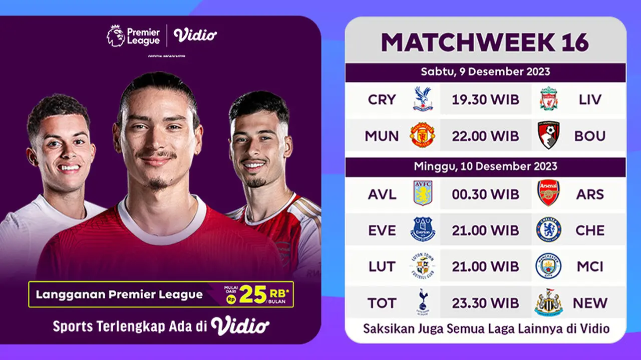 Jadwal dan Live Streaming Liga Inggris Gameweek 16 di Vidio