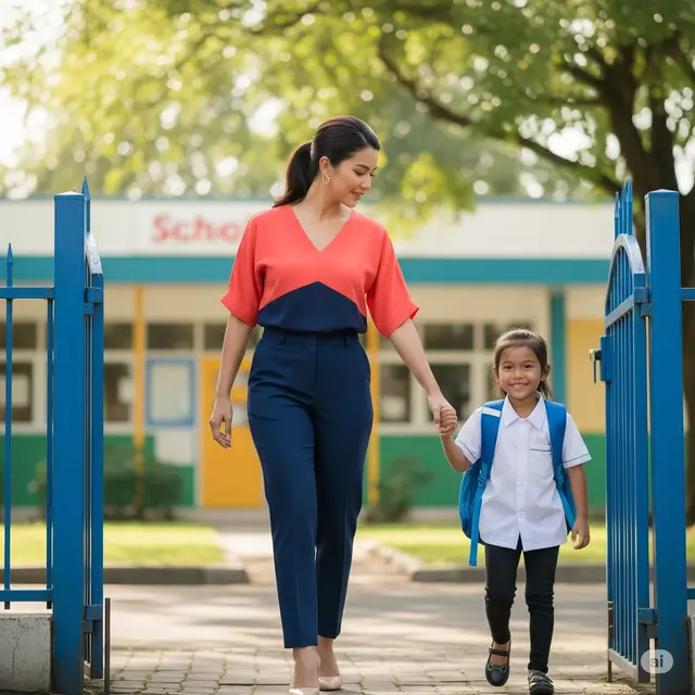 Outfit Ibu Antar Anak Sekolah. Foto: Gemini