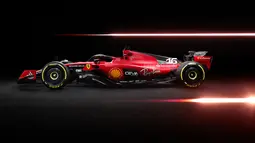 Tampak samping mobil baru Scuderia Ferrari SF-23 untuk Formula 1 2023 saat acara peluncuran di Maranello 14 Februari 2023. (AFP/Ferrari Press Office)