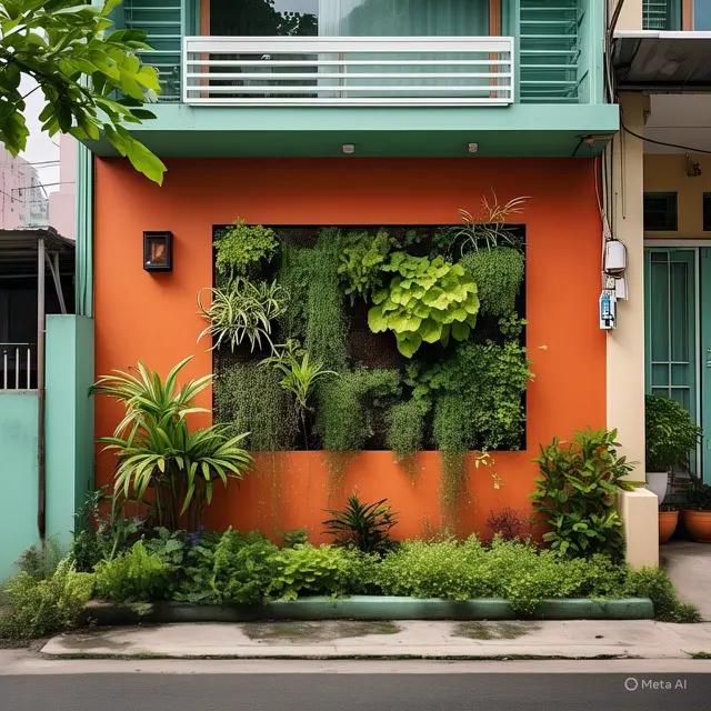 Fasad Rumah dengan Warna Pepaya dan Tanaman Hijau