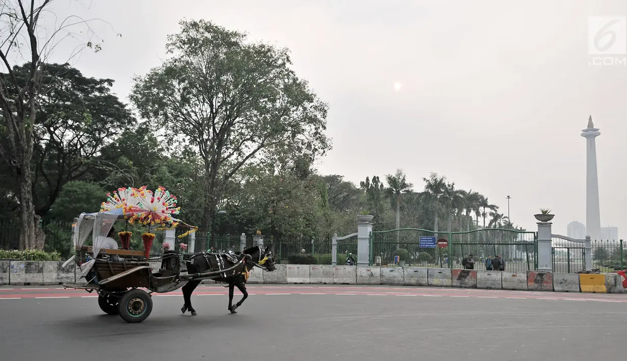 Delman saat berjalan di antara kendaraan di kawasan Monas, Jakarta, Selasa (3/7). Pemprov DKI Jakarta melarang delman beroperasi di Jakarta Pusat selama perhelatan Asian Games 2018. (Merdeka.com/Iqbal Nugroho)