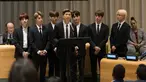 Boyband Korea Selatan, BTS berbicara dalam Sidang Umum Perserikatan Bangsa-Bangsa (PBB) di New York, Senin (24/9). RM sebagai pemimpin grup, mewakili Bangtan Boys dan anak muda di dunia membahas tentang pentingnya mencintai diri sendiri. (MARK GARTEN/AFP)