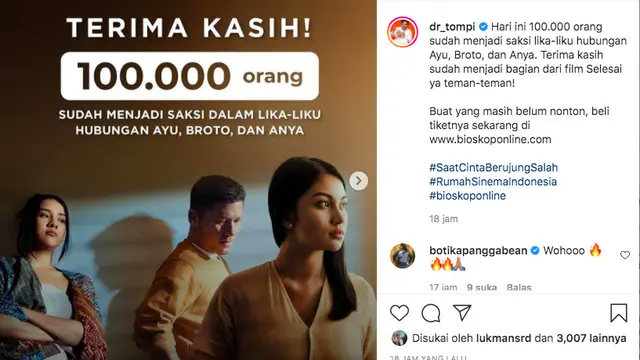 Film Selesai garapan Tompi sudah meraih 100.000 penonton dalam satu minggu.