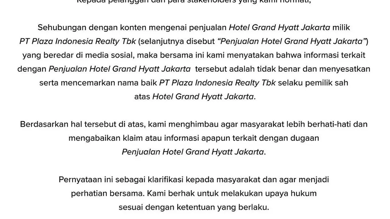 Heboh Hotel Grand Hyatt Jakart Dijual Rp12,5 Triliun