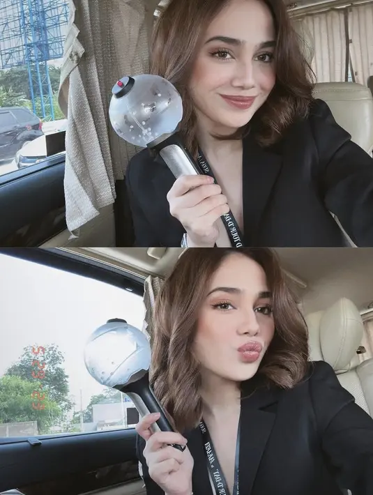 Saat konser Suga BTS, Syifa tampil dengan riasan kecoklatan. Ia mengenakan blush on coklat dan lipstik coklat glossynya. (@syifahadju)