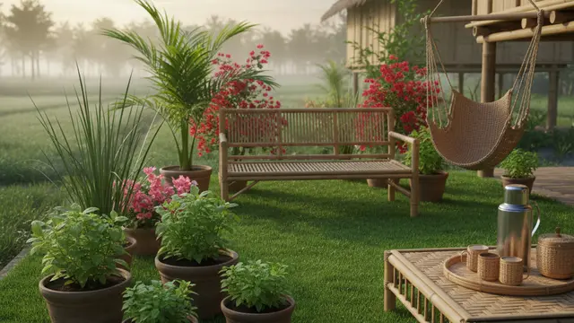 Desain Teras Rumah dengan Taman Mini di Desa. AI