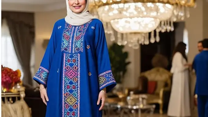 Ilustrasi Model Gamis Kaftan Bordir untuk Kondangan Ibu-ibu Usia 50 Tahunan (Sumber Gambar Meta AI)