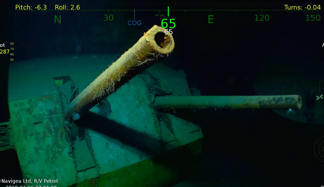 Reruntuhan bangkai kapal induk Amerika Serikat (AS), USS Juneau, dari era Perang Dunia II di dekat perairan Kepulauan Solomon, 19 Maret 2018. Bangkai kapal ditemukan pada kedalaman 3.962 meter di bawah permukaan laut. (Paul G. Allen via AP)