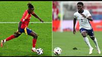 Nico Williams dan Bukayo Saka tampil memukau dengan timnya masing-masing pada perhelatan Piala Eropa kali ini. Williams tercatat bermain sebanyak lima kali dengan mencetak satu gol sejauh ini. Sementara itu, Saka selalu dipercaya oleh pelatih Gareth Southgate di skuad The Three Lions. Pemain Arsenal tersebut tercatat telah membuat satu gol saat melawan Swiss pada babak perempat final. (AFP/Tobias Schwarz, Adrian Dennis)