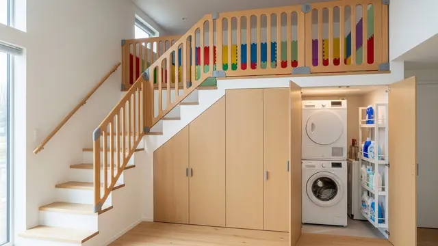 Inspirasi Rumah Kecil Mezzanine dengan Area Laundry Tersembunyi di Bawah Tangga/ Ilustrasi gambar AI