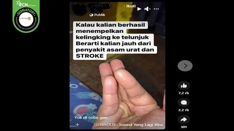 Gambar tangkapan layar klaim tentang mendeteksi stroke dengan menempelkan jari telunjuk dan kelingking. (sumber: Facebook)