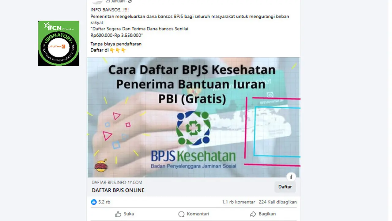 Tangkapan layar klaim link pembagian bansos dari BPJS hingga Rp 3,55 juta