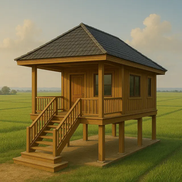 Gambar Rumah Bagus Sederhana tapi Terkesan Mewah di Pinggir Sawah (Image by ChatGPT)