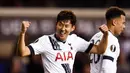 Ekspresi Son Heung-Min setelah mencetak gol ke gawang FK Qarabag di laga Grup J Liga Europa di Stadion White Hart Lane, London, Inggris, Jumat (18/9/2015) dini hari WIB. (Reuters/Dylan Martinez)