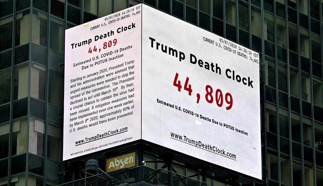 Papan berupa jam kematian yang disebut "Trump Death Clock" di Times Square, New York City pada 8 Mei 2020. Papan hasil ide dari pembuat film, Eugene Jarecki ini menampilkan jumlah kematian yang disebabkan Presiden AS Donald Trump menunda respons terhadap pandemi COVID-19. (TIMOTHY A. CLARY/AFP)