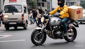 Kurir mengirim paket dengan sepeda motor. (Liputan6.com/Meta Ai)