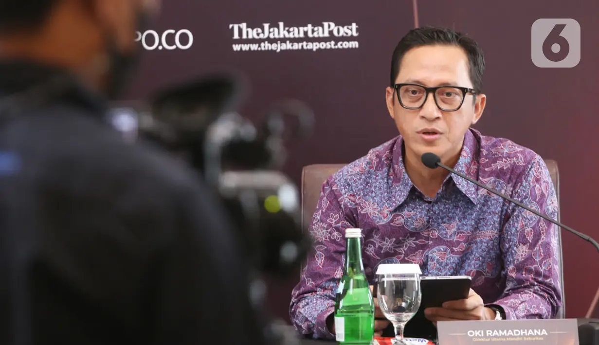 Dirut Mandiri Sekuritas Oki Ramadhana memberi keterangan pers jelang MIF 2022 di Jakarta, Selasa (25/01/2022). Forum yang mengusung tema Recapturing the Growth Momentum akan menghadirkan peraih nobel bidang ekonomi Joseph E. Stiglitz, serta tokoh dan ekonom internasional. (Liputan6.com/HO/Mandiri)